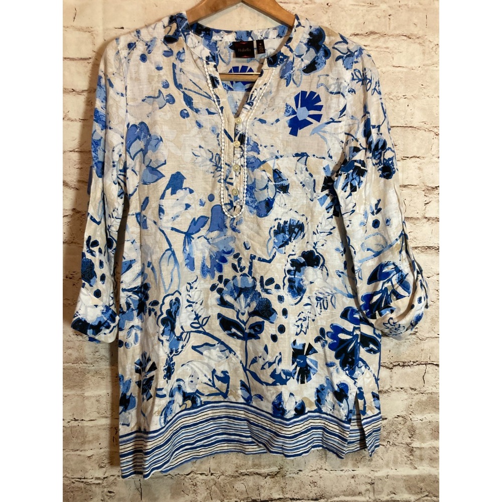 Rafaela Linen Tunic Top Womens Medium Blue Floral Lightweight Beachy Roll Tab